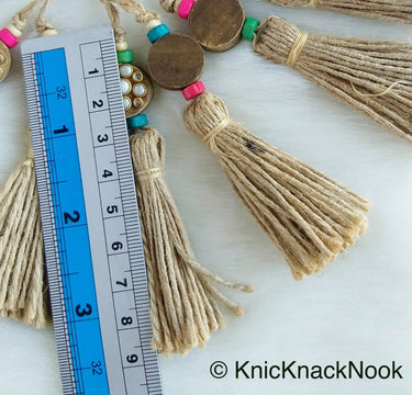 Twine Brown Tassels With Kundan Stone, Embellished Wooden Button, Tassel Charms